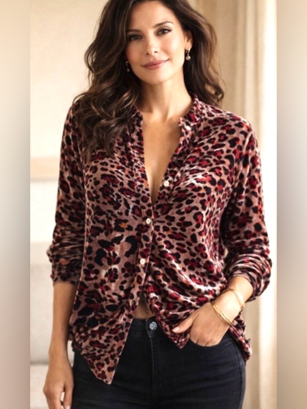 Johnny Was Velour Leopard Button Down Shirt XL Rayon Silk Animal Print